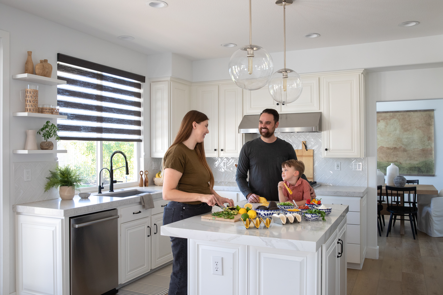 family-in-kitchen-banded-shades