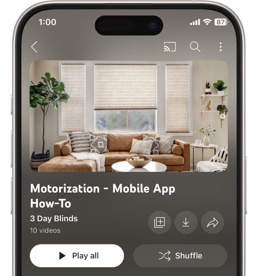 3-day-blinds-motorized-shades-mobile-app-how-to 3 Day Blinds mobile app showing motorized shades how-to video playlist on a smartphone screen.
